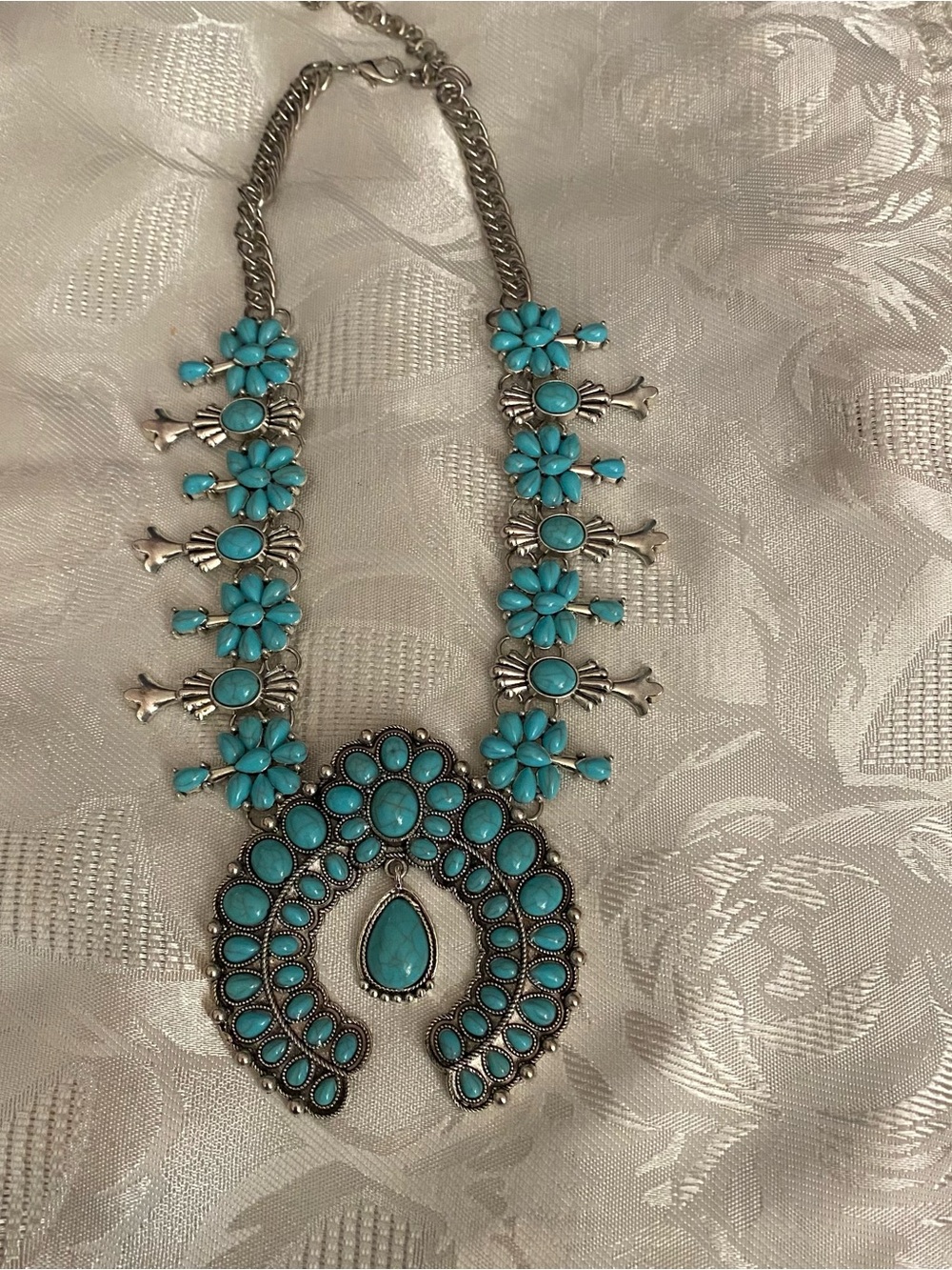 Squash Statement Necklace Faux Turquoise Stones Silver Tone Western Southwestern